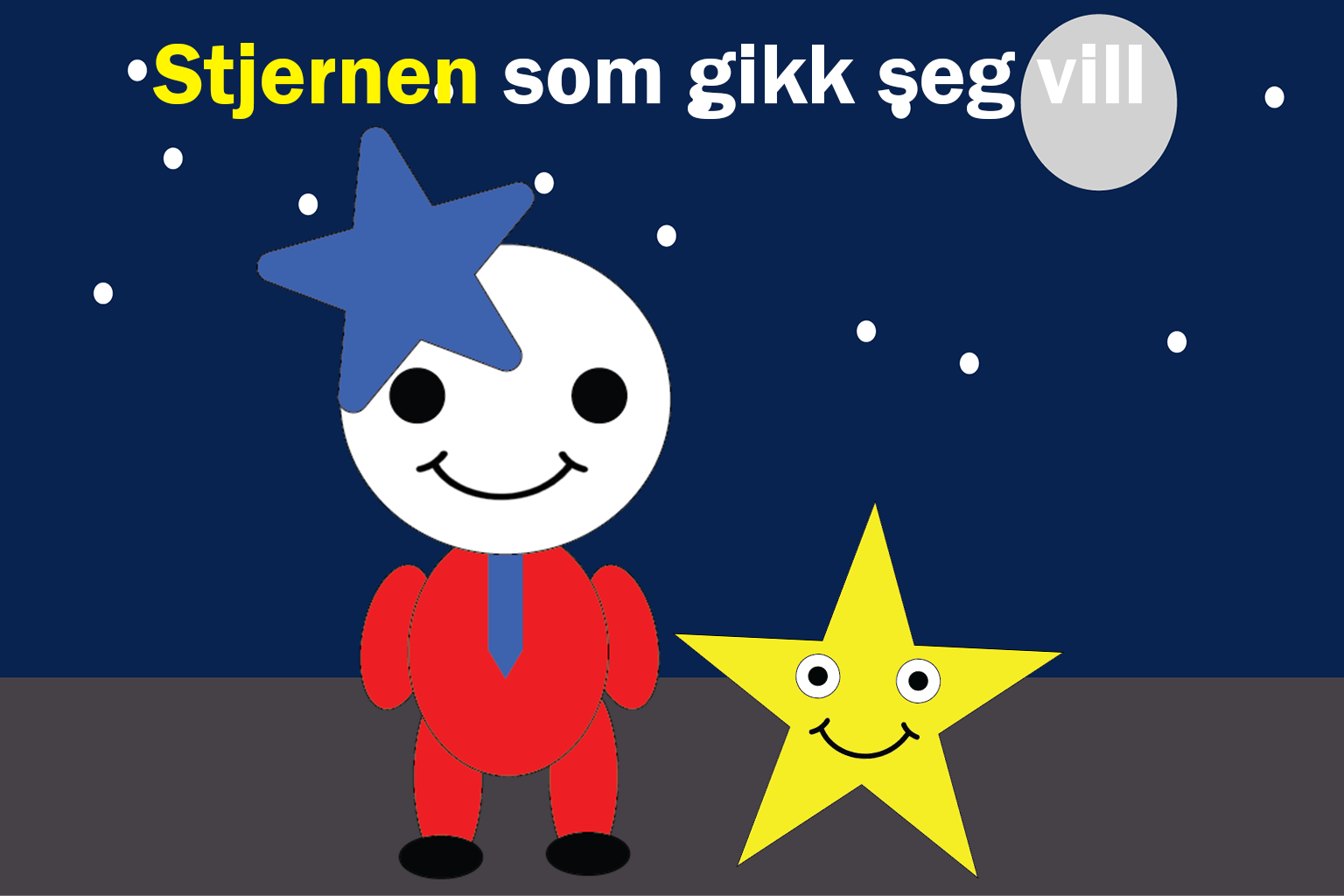 bilde av en animert stjerne og karakter som står sammen foran natte himmelen